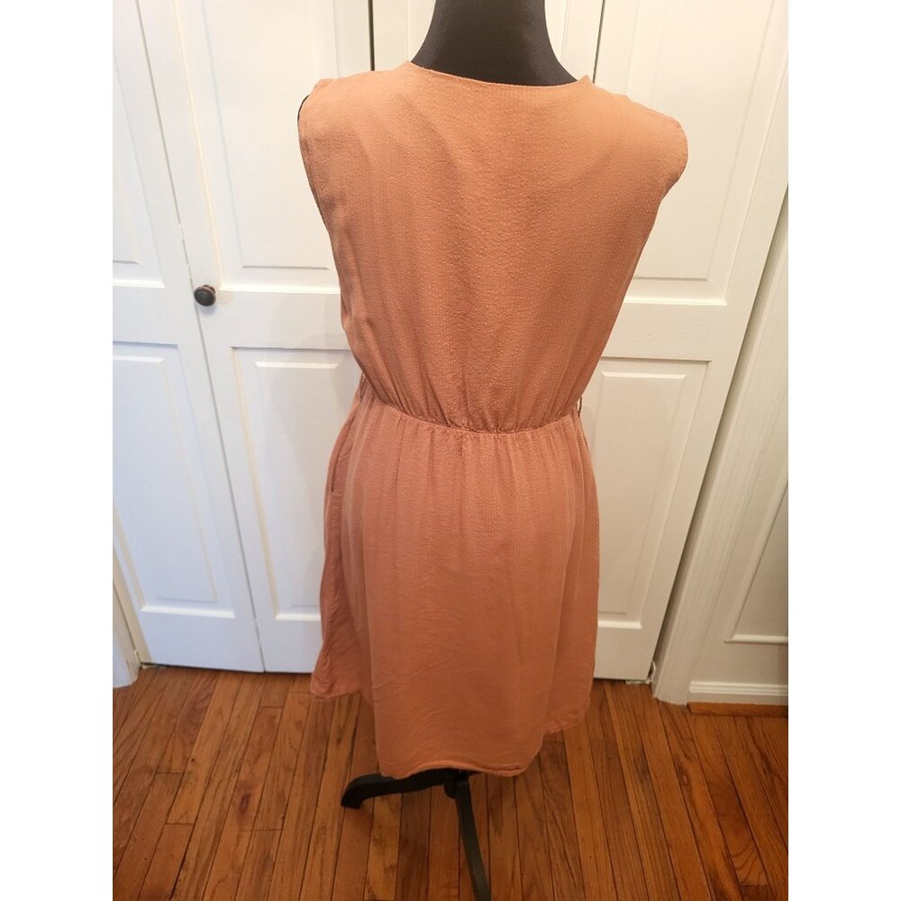 Peach Striped Sleeveless Button Up Dress Pockets sz S Trad Wife Preppy Coastal - Picture 2 of 8